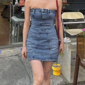 Y2K Bodycon Slim Denim Mini Dress for Women - Sleeveless Backless Casual Summer Style