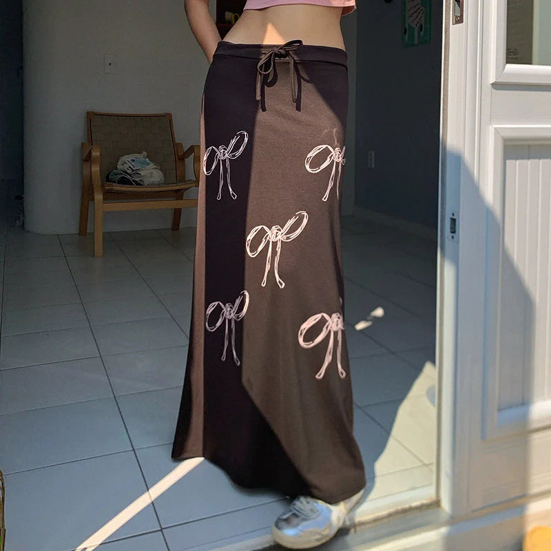 Y2K Bow Print Maxi Skirt - Cute Coquette Aesthetic for Effortless Style