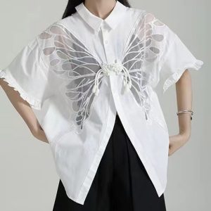 Y2K Butterfly Lace Short Sleeve Top - Cute Coquette Aesthetic Shirt for Stylish Outfits