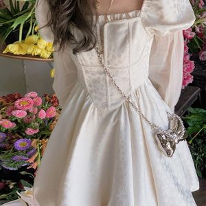 Y2K Casual Summer Lolita Mini Dress with Lace, Long Sleeve Vintage Elegant One-Piece