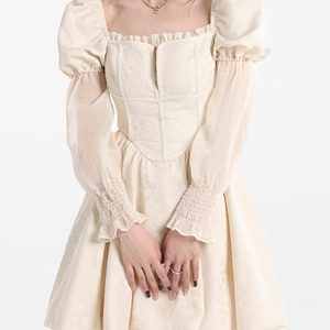 Y2K Casual Summer Lolita Mini Dress with Lace, Long Sleeve Vintage Elegant One-Piece