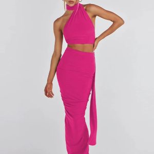 Y2K Classic Halter Backless Maxi Dress with Ruched Skirt - Elegant Sleeveless Clubwear 2024