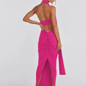 Y2K Classic Halter Backless Maxi Dress with Ruched Skirt - Elegant Sleeveless Clubwear 2024