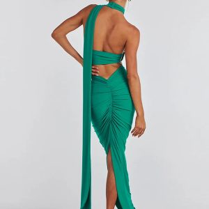 Y2K Classic Halter Backless Maxi Dress with Ruched Skirt - Elegant Sleeveless Clubwear 2024