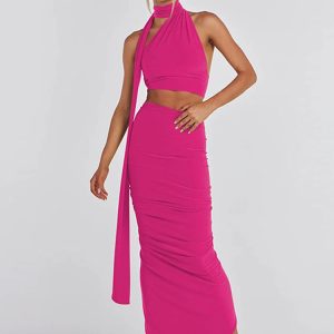 Y2K Classic Halter Backless Maxi Dress with Ruched Skirt - Elegant Sleeveless Clubwear 2024