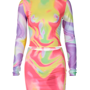 Y2K Club Graphic Matching Set: Sexy Print O-Neck Long Sleeve Tank Top & Midi Skirt