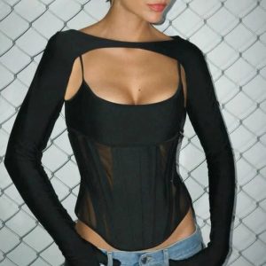 Y2K Club Style See-Through Corset Camisole Vest with Long Sleeves & Gloves for Women