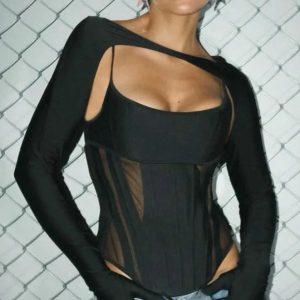 Y2K Club Style See-Through Corset Camisole Vest with Long Sleeves & Gloves for Women