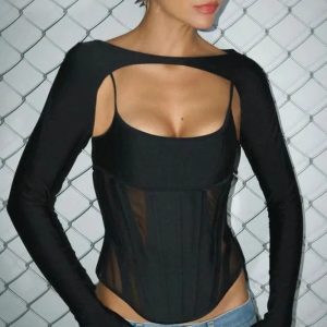 Y2K Club Style See-Through Corset Camisole Vest with Long Sleeves & Gloves for Women