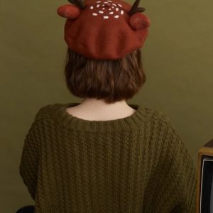 Y2K Coquette Aesthetic Bambi Ears & Horns Wool Felt Beret for Cute Outfits