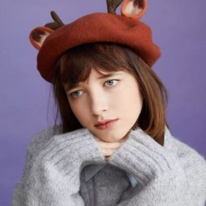 Y2K Coquette Aesthetic Bambi Ears & Horns Wool Felt Beret for Cute Outfits