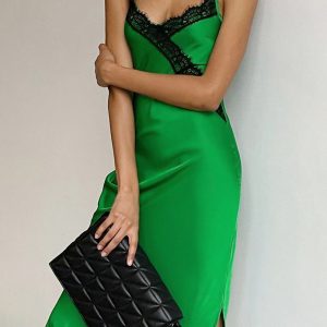 Y2K Coquette Aesthetic Green Lace Patchwork Satin Slit Dress for Trendy Outfits