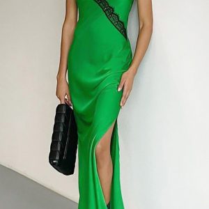 Y2K Coquette Aesthetic Green Lace Patchwork Satin Slit Dress for Trendy Outfits