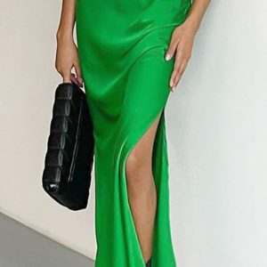 Y2K Coquette Aesthetic Green Lace Patchwork Satin Slit Dress for Trendy Outfits