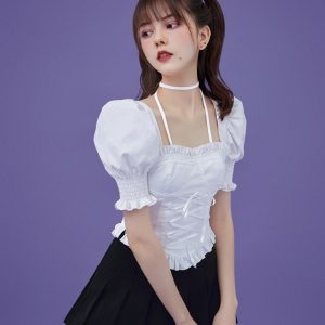 Y2K Coquette Aesthetic Lace-Up Corset Frill Blouse for Cute and Stylish Outfits