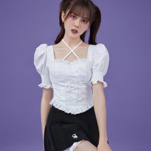 Y2K Coquette Aesthetic Lace-Up Corset Frill Blouse for Cute and Stylish Outfits