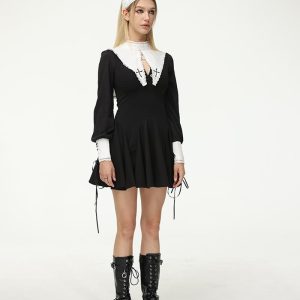 Y2K Coquette Aesthetic Nun Horror Cross Long Sleeve Dress for Unique Fashion Statements