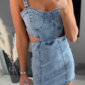 Y2K Cutout Denim Bodycon Cami Dress for Trendy Aesthetic Outfits