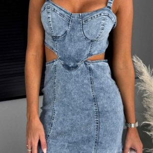 Y2K Cutout Denim Bodycon Cami Dress for Trendy Aesthetic Outfits