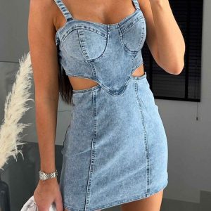 Y2K Cutout Denim Bodycon Cami Dress for Trendy Aesthetic Outfits