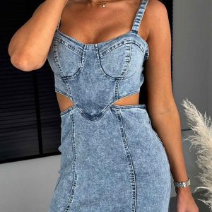 Y2K Cutout Denim Bodycon Cami Dress for Trendy Aesthetic Outfits