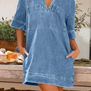 Y2K Denim Lapel V Neck Mini Dress - Trendy Coquette Aesthetic for Effortless Style