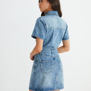 Y2K Denim Multi-Button Pocket Mini Dress for Trendy Aesthetic Outfits