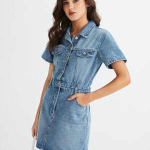 Y2K Denim Multi-Button Pocket Mini Dress for Trendy Aesthetic Outfits