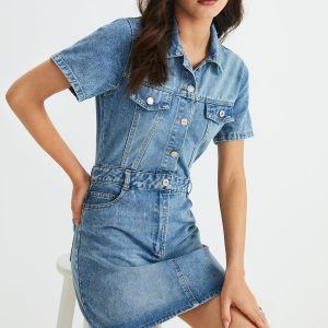 Y2K Denim Multi-Button Pocket Mini Dress for Trendy Aesthetic Outfits