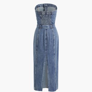 Y2K Denim Strapless Tube Midi Dress - Trendy Jean Dress for Aesthetic Outfits