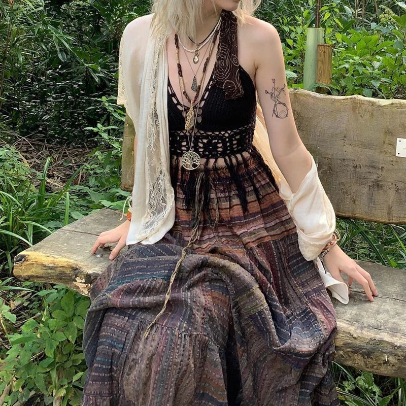 Y2K Fairy Grunge High-Waisted Long Skirt with Vintage Stripes - Bohemian Beachwear Style