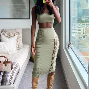 Y2K Fashion 2-Piece Set: Hollow Out Sleeve U-Neck Crop Top & High Waist Bodycon Midi Skirt