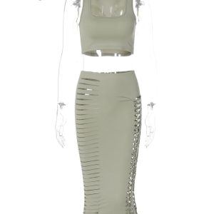 Y2K Fashion 2-Piece Set: Hollow Out Sleeve U-Neck Crop Top & High Waist Bodycon Midi Skirt