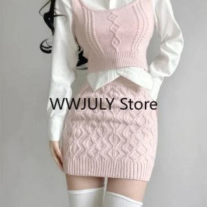 Y2K Fashion 3-Piece Set: Sweet Crop Tops, Slim Bodycon Mini Skirt & Knitted Sweater for Office