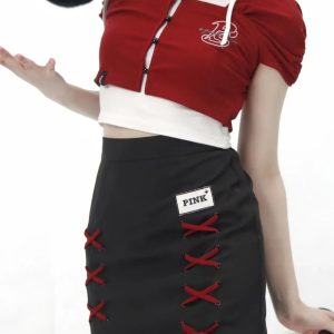 Y2K Fashion Band Girl Crop Top & Braided Cargo Skirt Set for Aesthetic Outfits