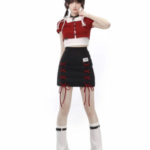 Y2K Fashion Band Girl Crop Top & Braided Cargo Skirt Set for Aesthetic Outfits