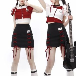 Y2K Fashion Band Girl Crop Top & Braided Cargo Skirt Set for Aesthetic Outfits