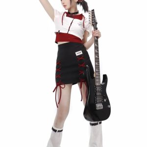 Y2K Fashion Band Girl Crop Top & Braided Cargo Skirt Set for Aesthetic Outfits