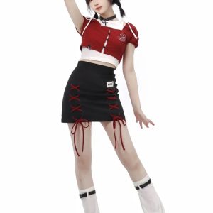 Y2K Fashion Band Girl Crop Top & Braided Cargo Skirt Set for Aesthetic Outfits