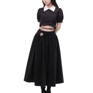 Y2K Fashion Black Braided Crop Top with Lace Skirt - Coquette Aesthetic Outfit