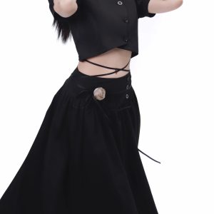 Y2K Fashion Black Braided Crop Top with Lace Skirt - Coquette Aesthetic Outfit