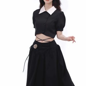 Y2K Fashion Black Braided Crop Top with Lace Skirt - Coquette Aesthetic Outfit