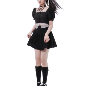 Y2K Fashion Black Braided Crop Top with Lace Skirt - Coquette Aesthetic Outfit