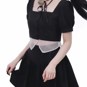 Y2K Fashion Black Braided Crop Top with Lace Skirt - Coquette Aesthetic Outfit