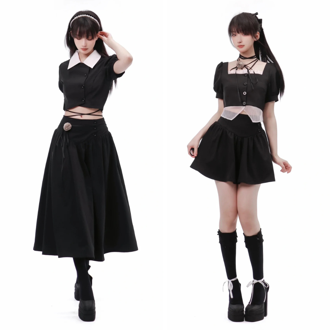 Y2K Fashion Black Braided Crop Top with Lace Skirt - Coquette Aesthetic Outfit