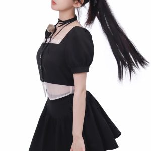 Y2K Fashion Black Braided Crop Top with Lace Skirt - Coquette Aesthetic Outfit