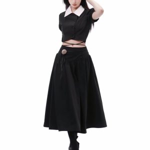 Y2K Fashion Black Braided Crop Top with Lace Skirt - Coquette Aesthetic Outfit