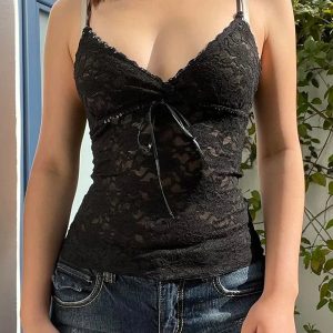 Y2K Fashion Black Lace Cami Crop Top - Perfect for Summer Outfits and Aesthetic Looks