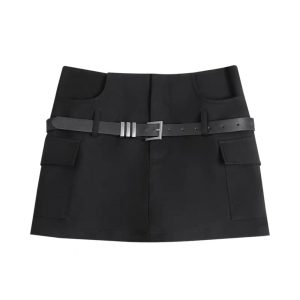 Y2K Fashion Grey Belted Safety Wrap Skirt - Trendy Cargo Style for Aesthetic Outfits