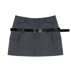 Y2K Fashion Grey Belted Safety Wrap Skirt - Trendy Cargo Style for Aesthetic Outfits